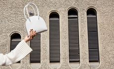 ‘Francoise’ white saffiano leather bag with Picasso Jasper semi precious stone clasp