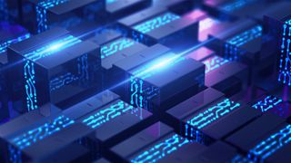 Containerization concept image showing digital containers aligned together with glowing data transfers between.