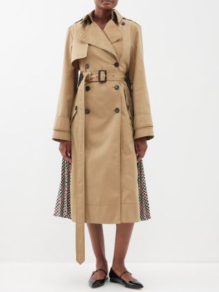 Pleated Tweed-Insert Cotton-Twill Trench Coat