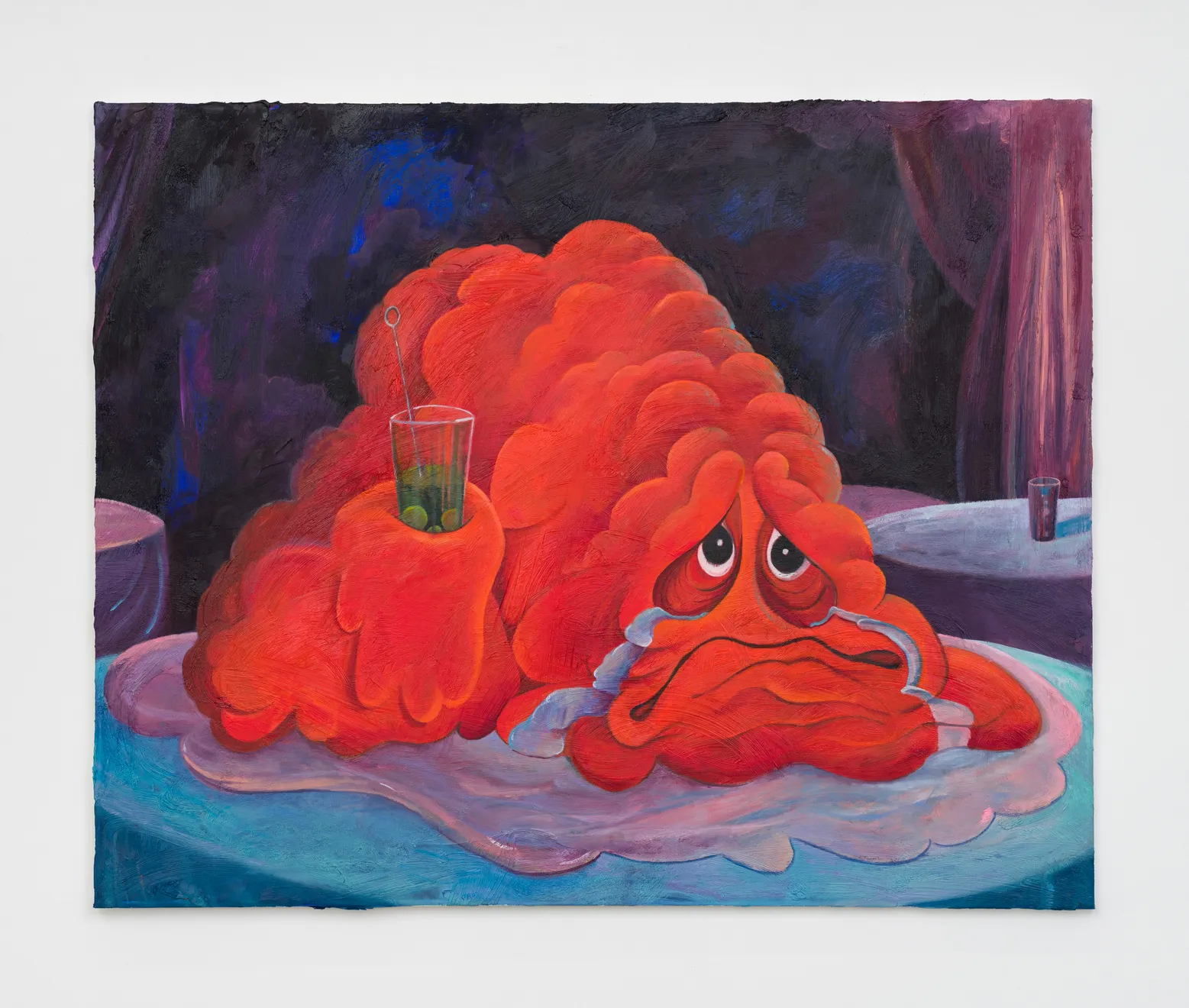 A blob-like, cartoony silhouette with a face, painted red, holds a glass while crying and melting into a lake of tears in a blue-tinted room.