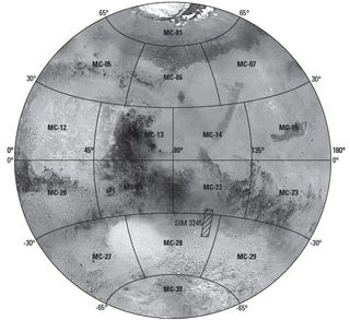 Figure showing the area covered (crosshatched) by the United States Geological Survey's new map of Mars' southern highlands.