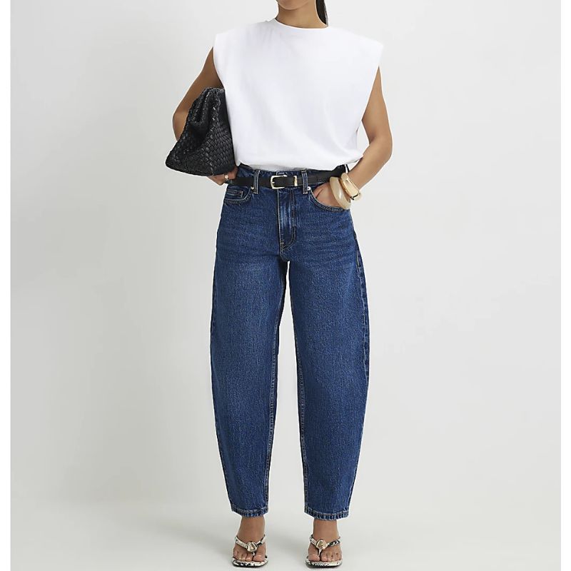 Petite Blue Barrel Leg Jeans on model