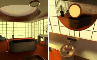 Bathroom scene with lit up panels on the walls and a waterfall shower falling into a bathtub in the middle of the room