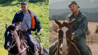 Side by side of NCIS' Torres riding a horse and Yellowstone's Jimmy riding a horse