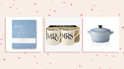 A composite image of three of the best wedding gifts to buy in 2022 against a pink background with pink stars confetti