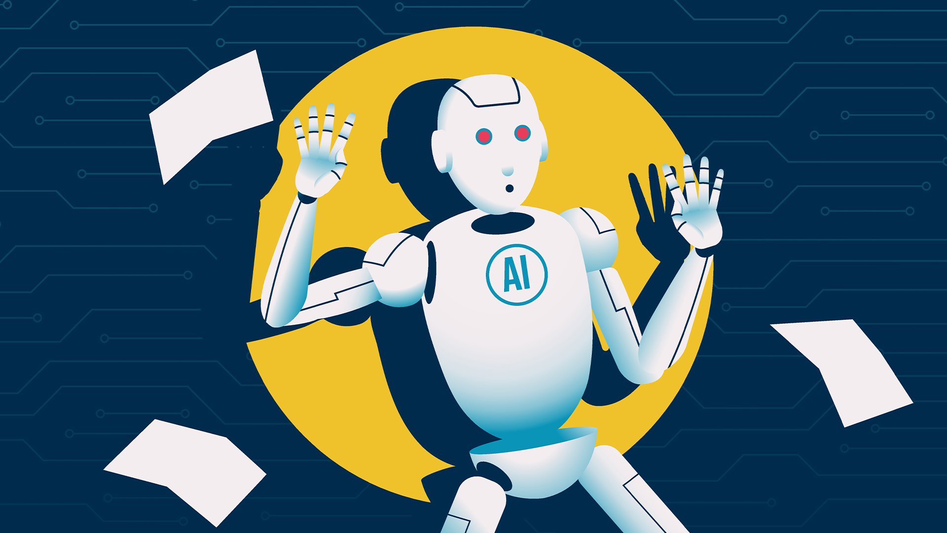 AI concept image showing a startled robot caught in the glare of a flashlight with pieces of paper floating down to the ground.