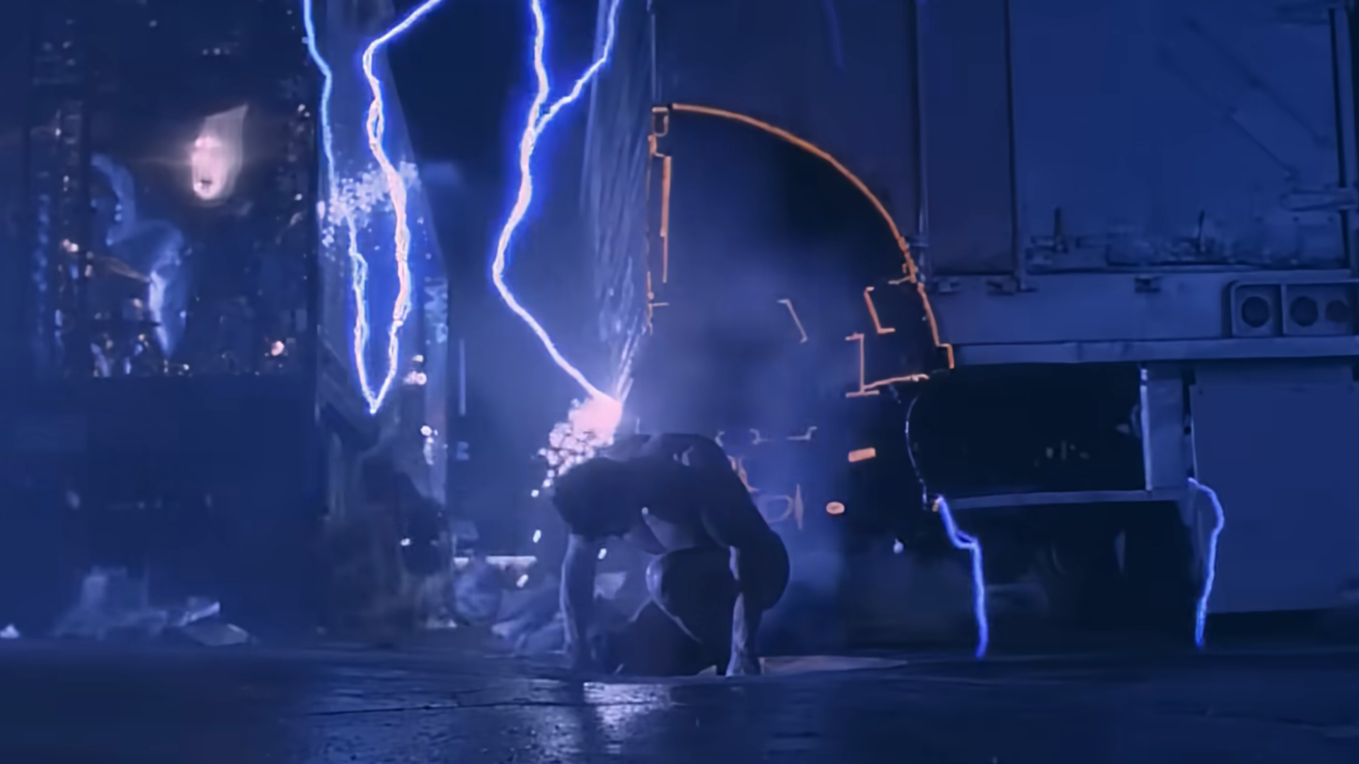 Arnold Schwarzenegger as the T-800 in Terminator 2: Judgment Day, shown arriving the past via time travel.