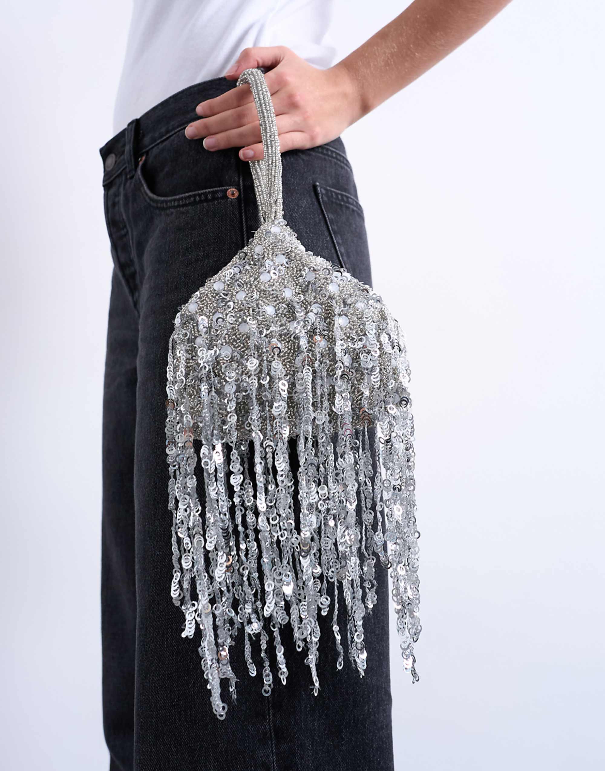 Topshop Giana Sequin Tassel Grab Bag in Silver