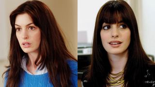 anne hathaway as andy sachs in The Devil Wears Prada in her first day blue sweater outfit and after she gets a makeover with bangs