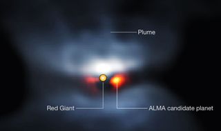 A composite view of the L2 Puppis star system, including the location of the red giant star and probable exoplanet.