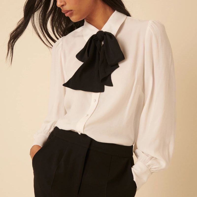 ME+EM, White Bow Tie Neck Blouse