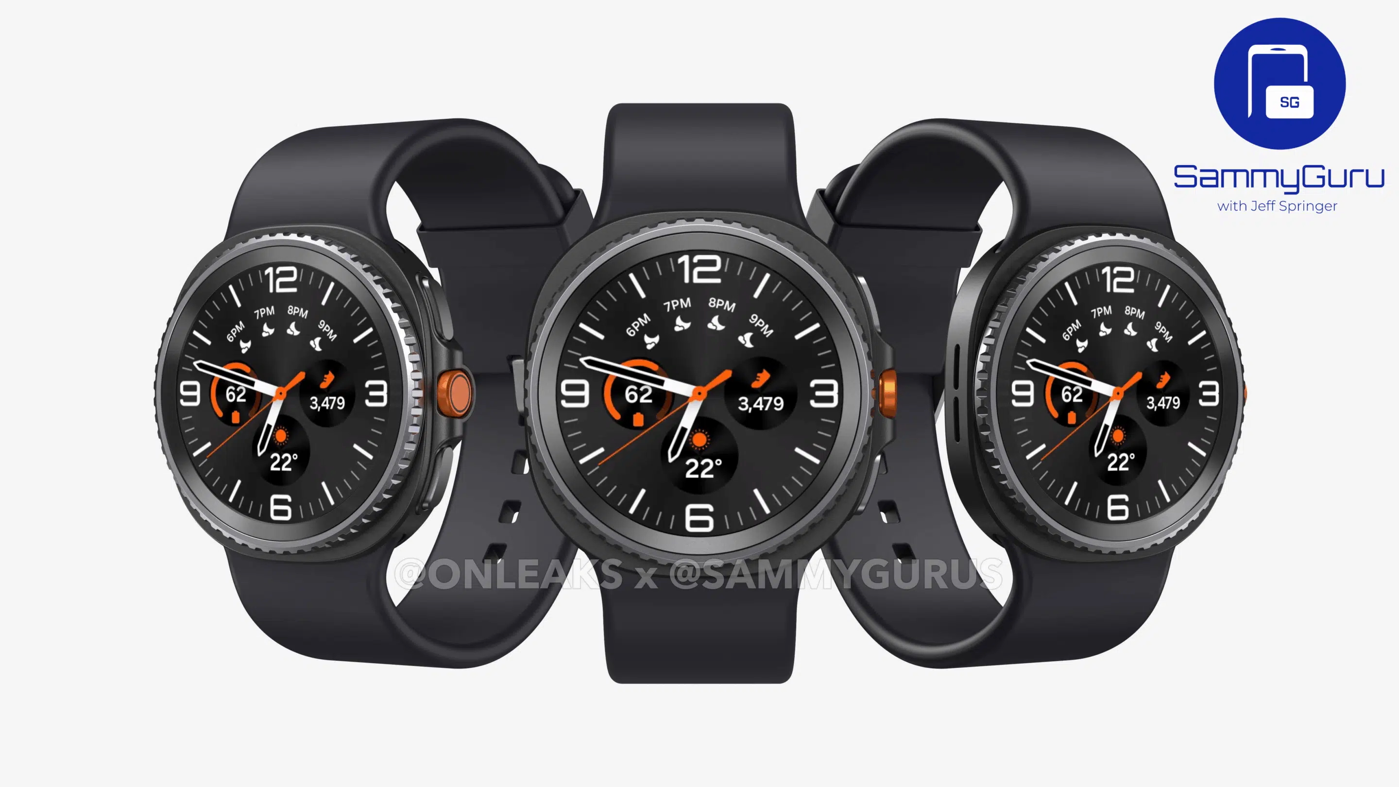 Three renders of what the Samsung Galaxy Watch 8 Classic might look like in a row, with the Classic facing left, forward, and right, each model showing a circular AMOLED display, rotating metal bezel, orange Action button, and squircle case.