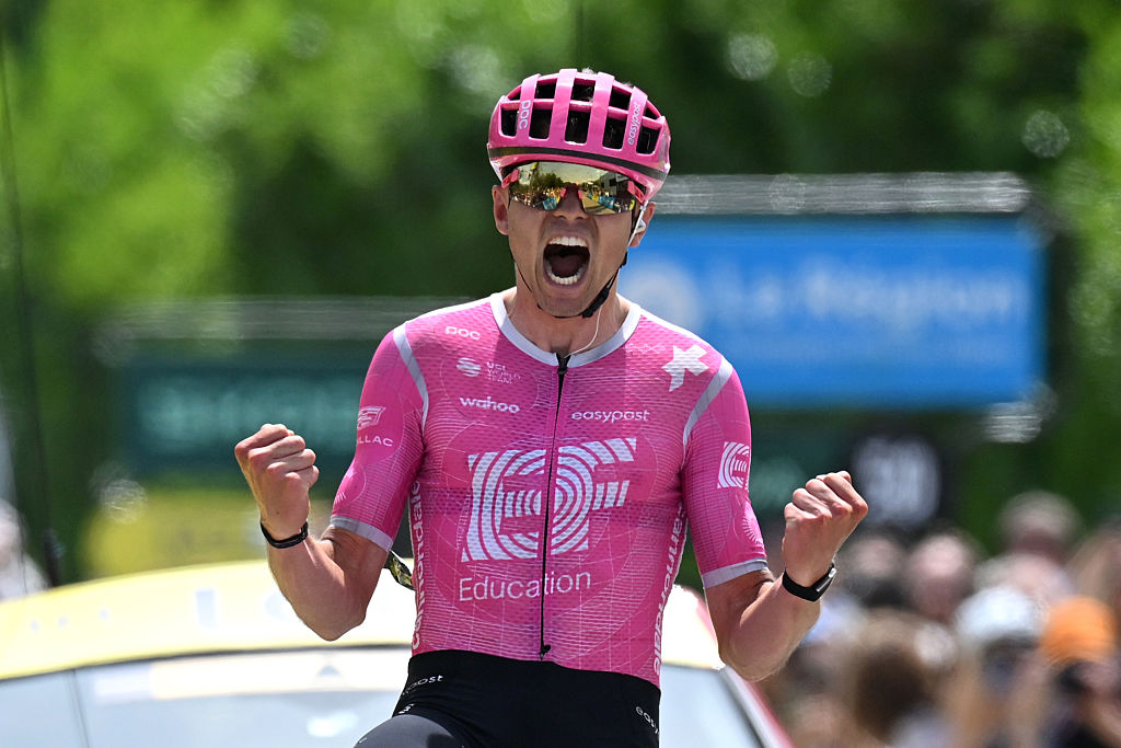 Alex Baudin of France and Team EF Education - EasyPost celebrates at finish line as stage winner during the 78th Tour Auvergne-Rhone-Alpes 2026