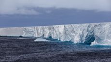 A close-up photo of iceberg A23a floating on the sea