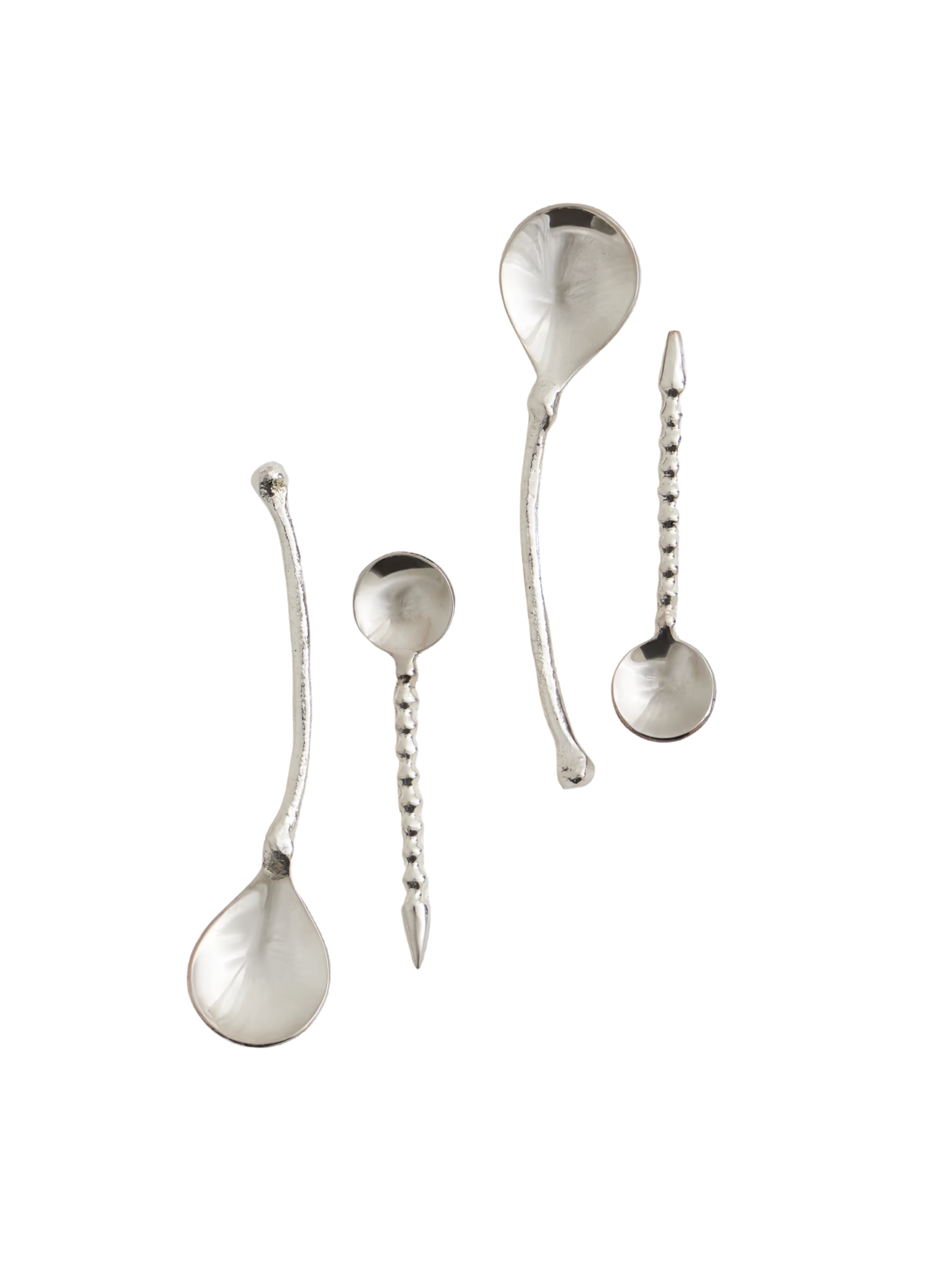 Four silver spoons with a swirly, uneven surface.