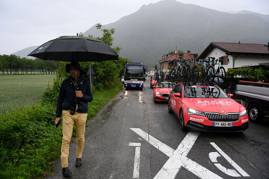 CRANSMONTANA SWITZERLAND MAY 19 Team Arka Samsic cars on their way to the new start localisation during the 106th Giro dItalia 2023 Stage 13 a 75km stage from Le Chable to CransMontana Valais 1456m Stage shortened due to the adverse weather conditions UCIWT on May 19 2023 in CransMontana Switzerland Photo by Tim de WaeleGetty Images