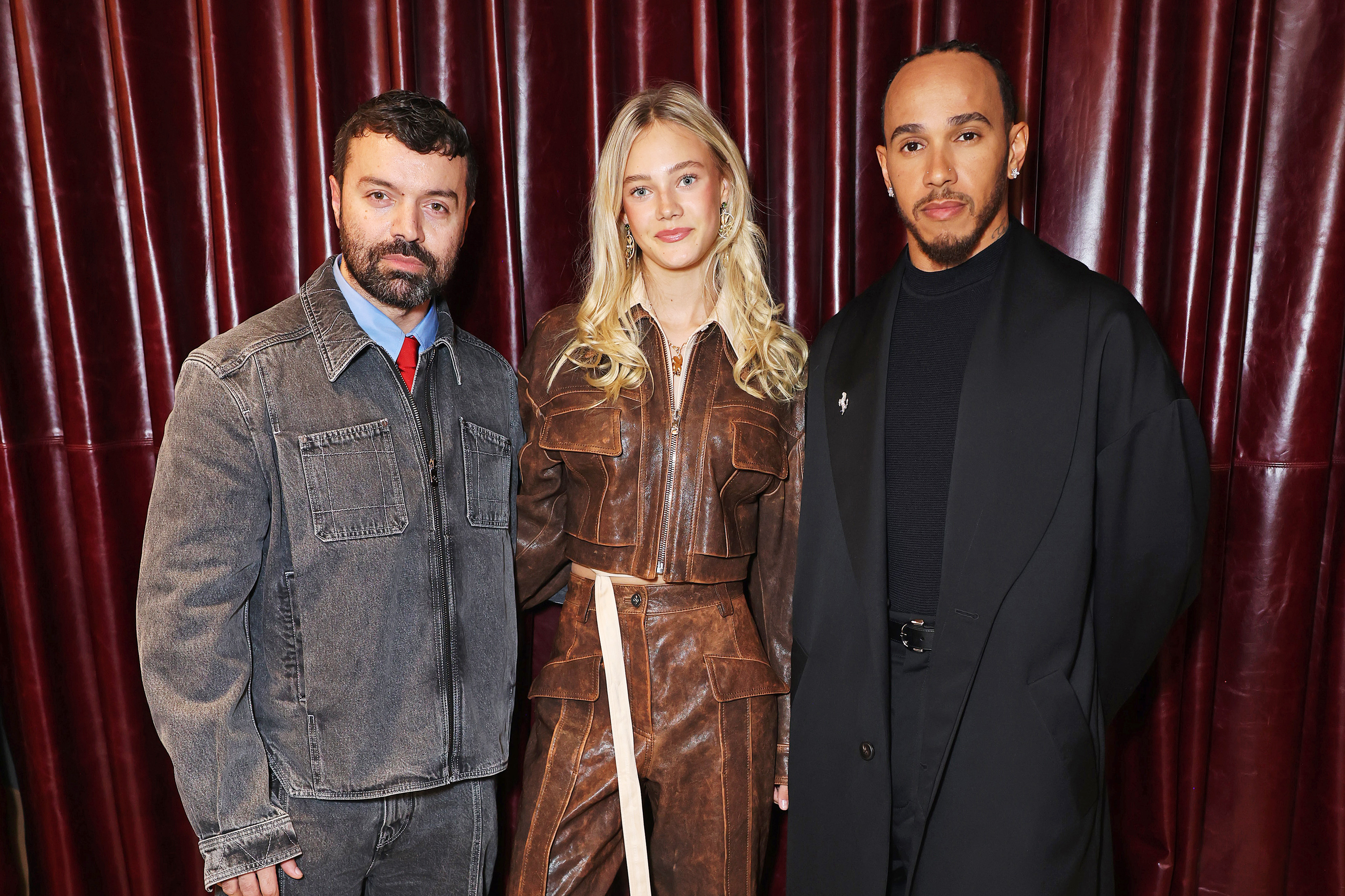 Rocco Iannone, Alba Larsen and Lewis Hamilton at the opening of the new Ferrari fashion store in Old Bond Street