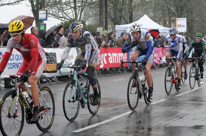 Christophe Le M&eacute;vel leads the breakaway ahead of Frederik Veuchelen, Tim Declercq, Arnold Jeannesson and Cyril Gautier