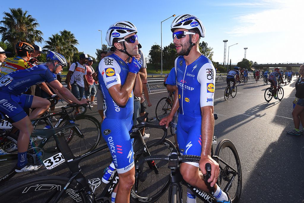 Max Richeze and Tom Boonen de-brief after winning the stage with teammate Fernando Gaviria (QuickStep Floors)