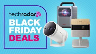 portable projectors on blue background