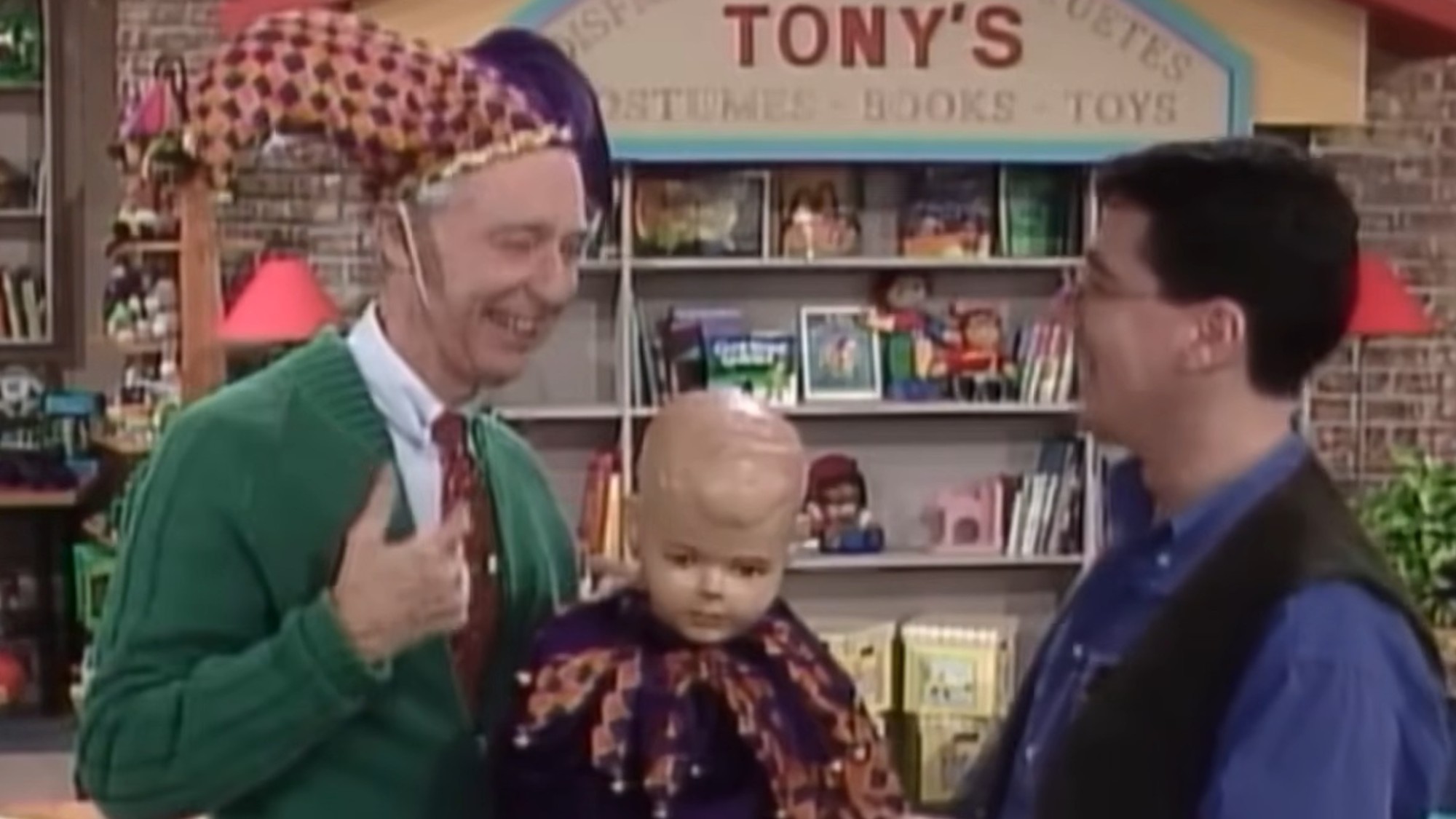 Mister Roger wearing a silly hat in Mister Rogers' Neighborhood