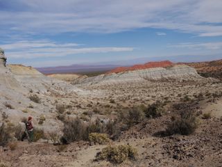 Study co-researcher Adriana Mancuso (far left) investigates the badlands of the Chañares Formation in northwestern Argentina. The researchers dated the layer containing dinosauromorphs to 236 million to 234 million years ago.