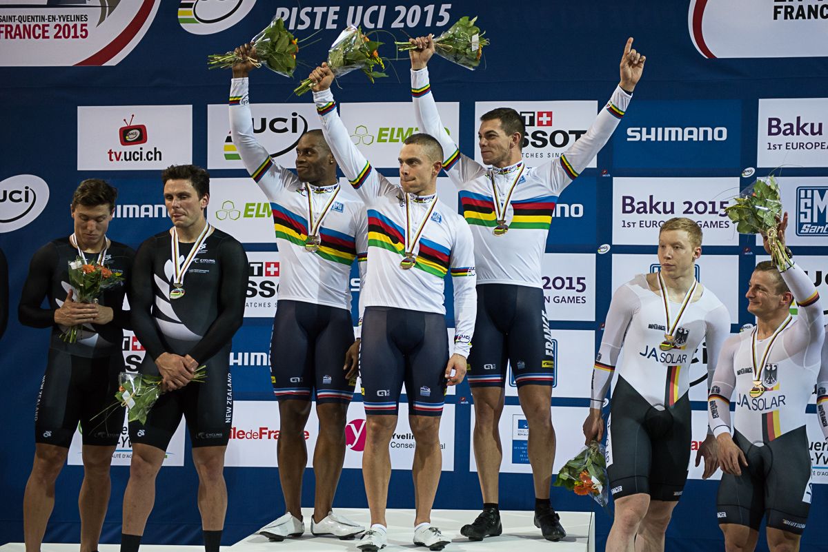 France with Gregory Bauge, Kevin Sireau and Michael d'Almeida on the top step of the team sprint podium