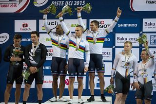 France with Gregory Bauge, Kevin Sireau and Michael d'Almeida on the top step of the team sprint podium