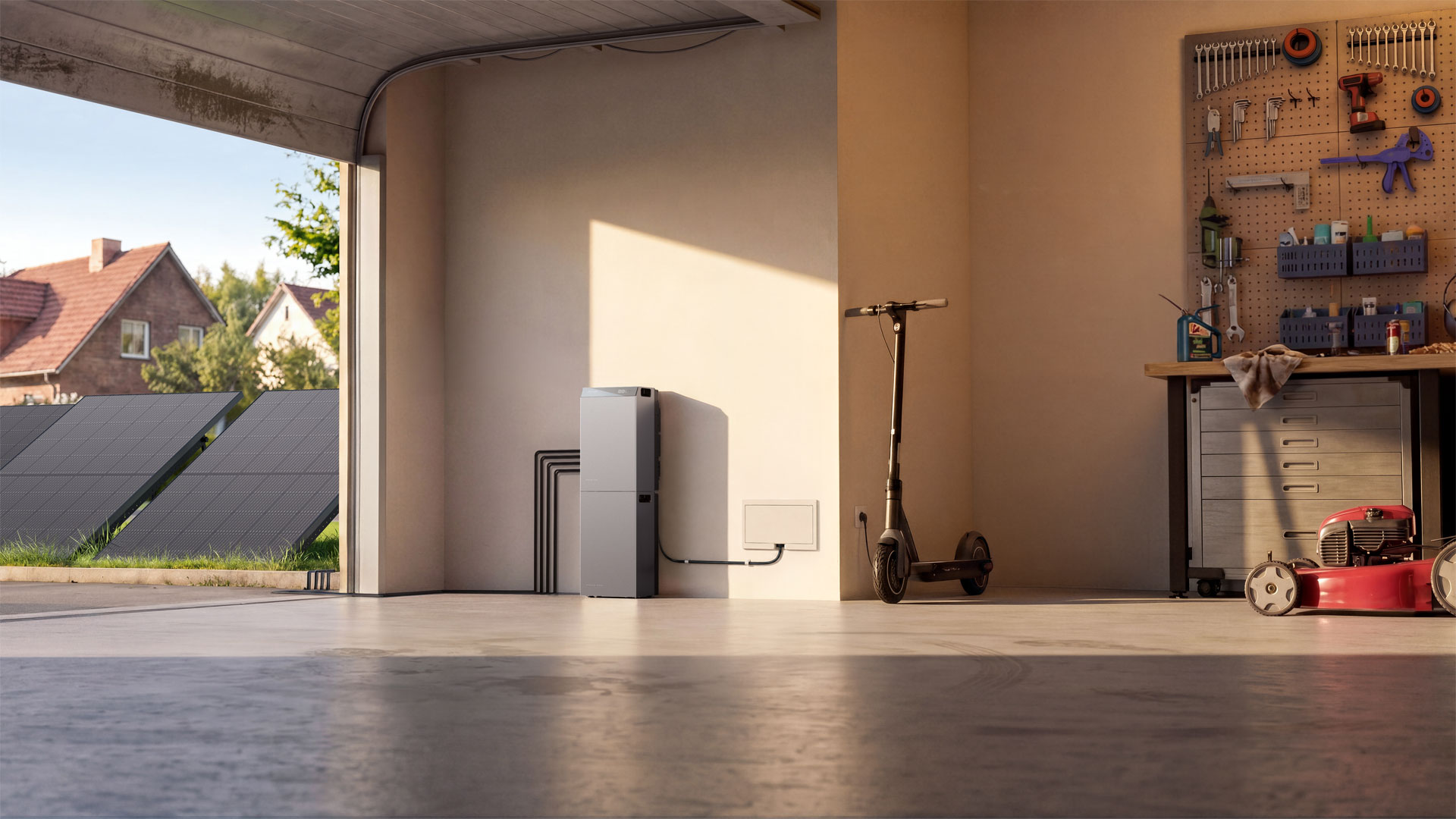 An EcoFlow STREAM 5000 solar battery system installed in a garage, with solar panels outside on the lawn