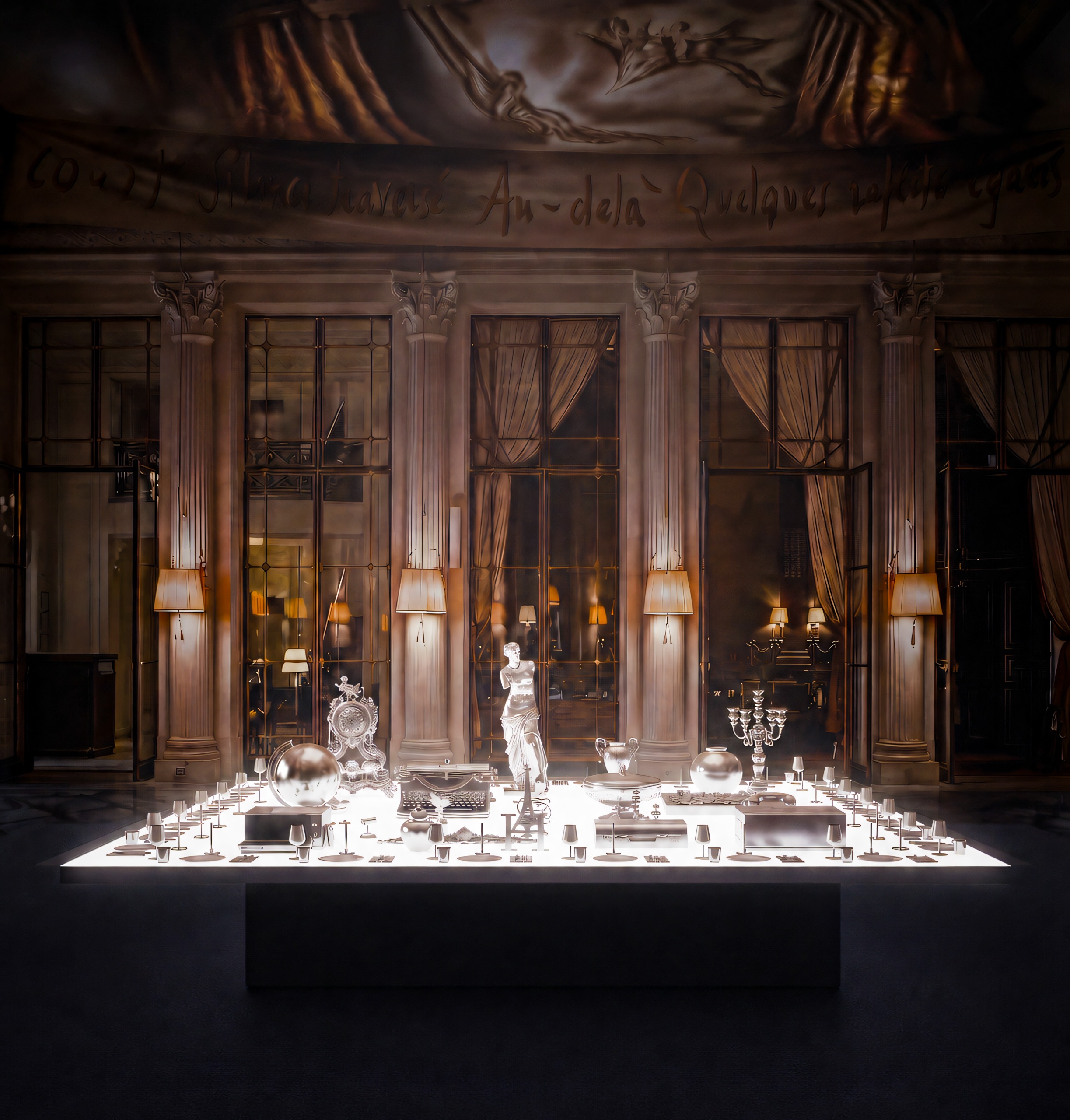 A back-lit white stage, topped with chrome-clad objects of all kinds, old and new, appears in a dimly lit historical palace room, surrounded by marble pillars and murals.