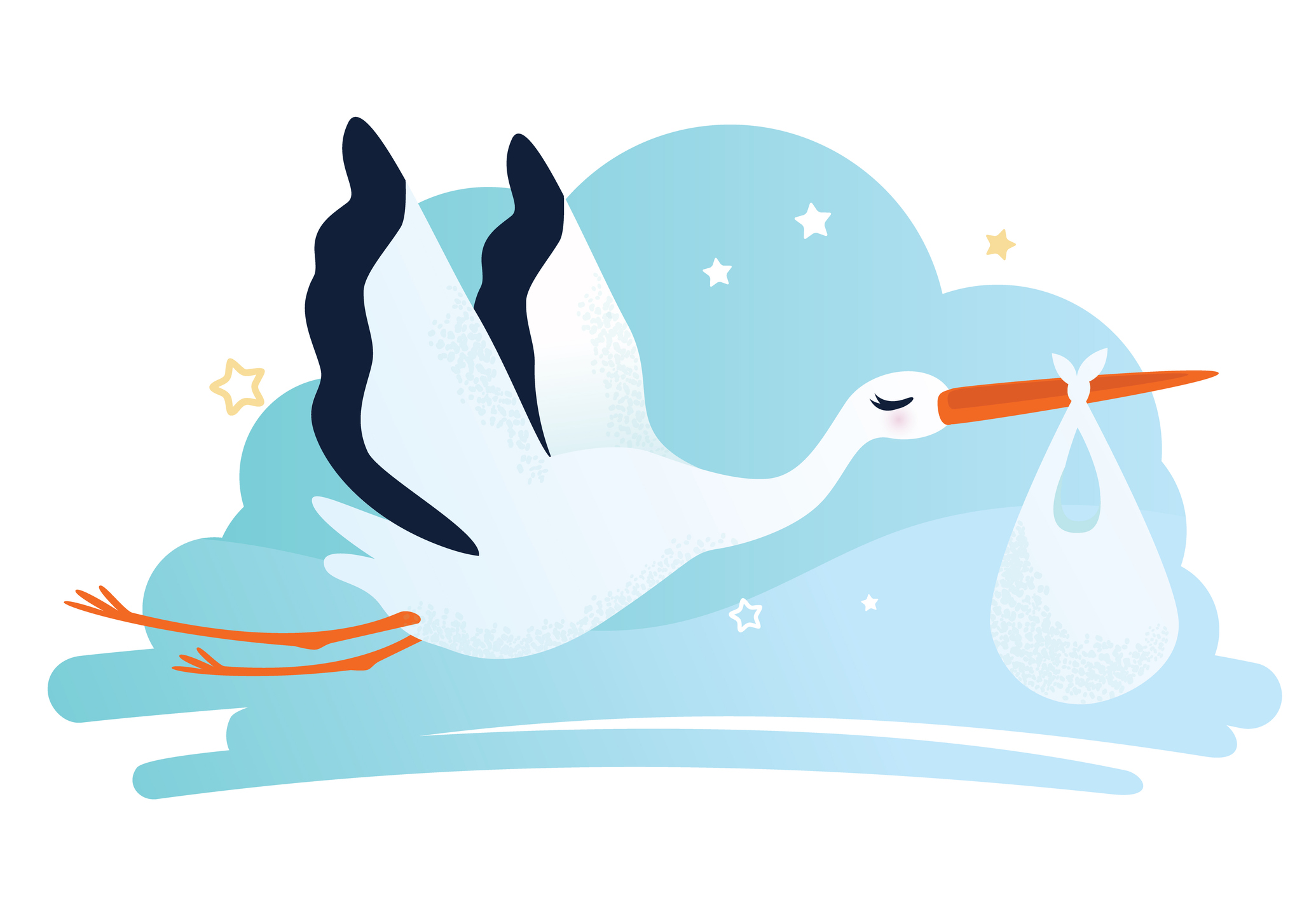 Vector illustration of a stork. Stork carrying a baby in a bag. Can be used for cards, flyers, posters, t-shirts.