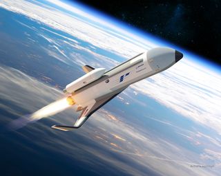 A digital representation of the XS-1 space plane in flight.