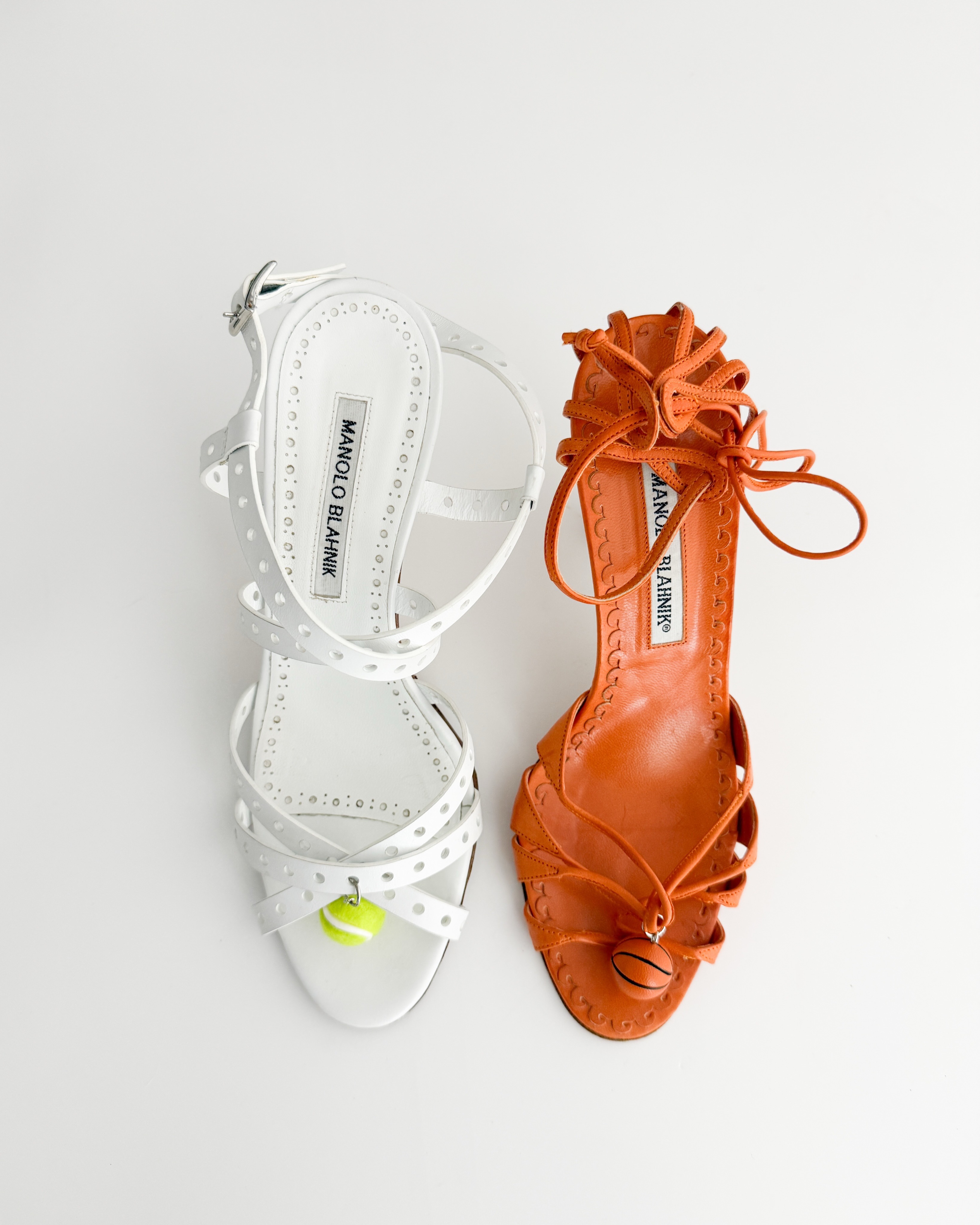 Reworked Manolo Blahnik sandals with tennis and basketballs on them from @sororitevintage.