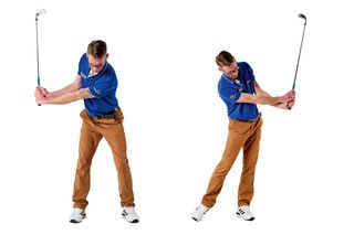 Tom Motley demonstrating the 'L to L' drill, demonstrating an L-shape position between his lead forearm and the shaft of the club in the backswing and the reverse in the follow through