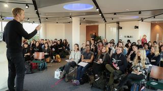 Fred Deakin addresses UAL students on day one of the workshop