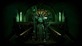 In-game screenshot of Trazyn the Infinite, a metallic, skeletal figure standing menacingly in front of a throne in a dark room lit by green lights. The mood is grim, dark, and threatening.