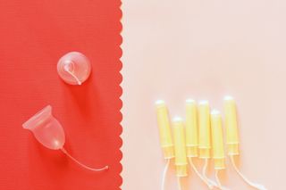 A menstrual cup on red background, yellow tampons on light pink background, normal to use on your period