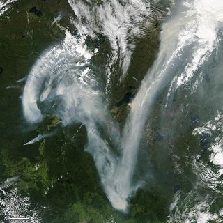 V-shaped smoke plume seen by a NASA satellite