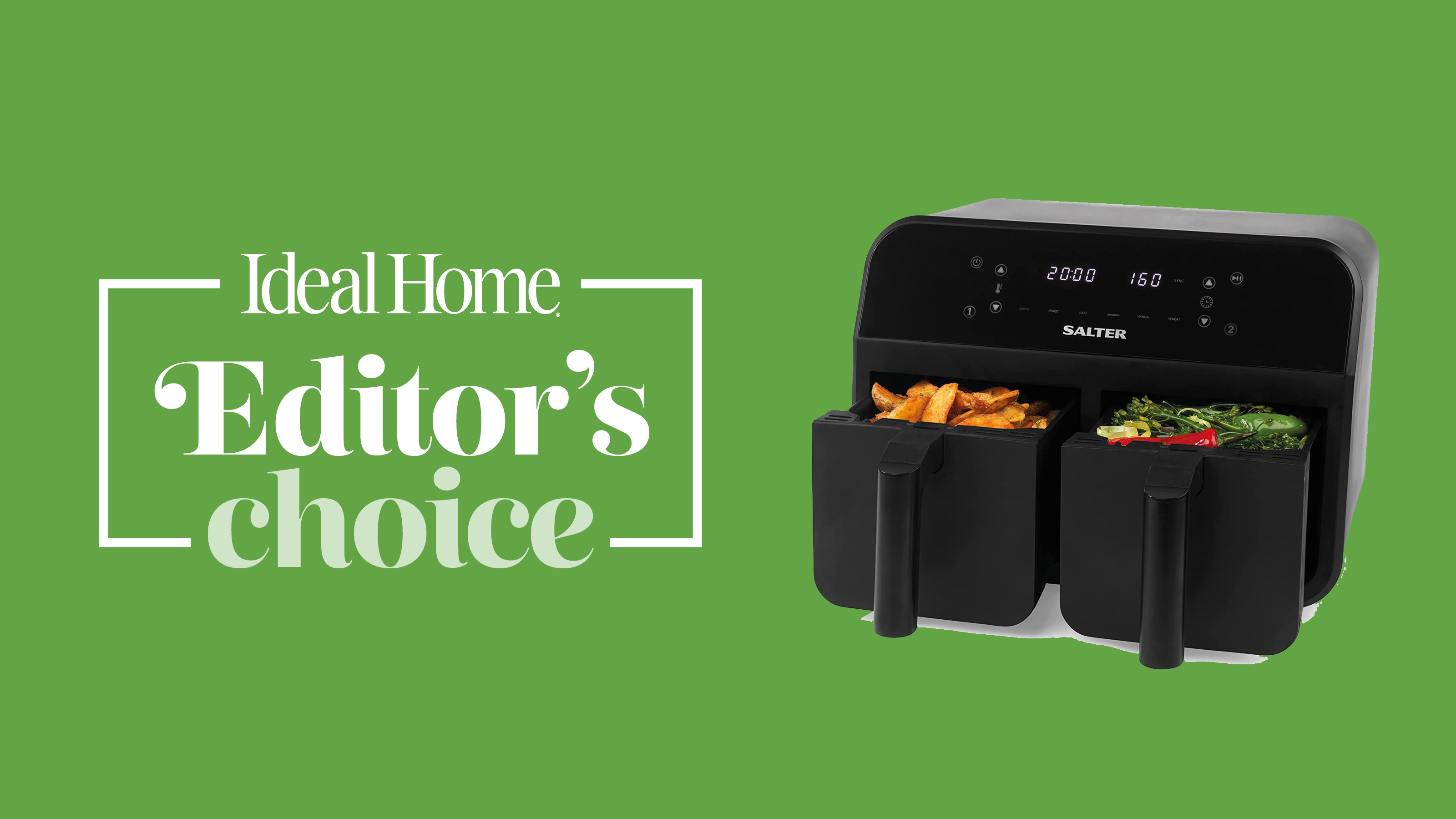 Image of Salter Dual zone air fryer on green ideal home graphic background