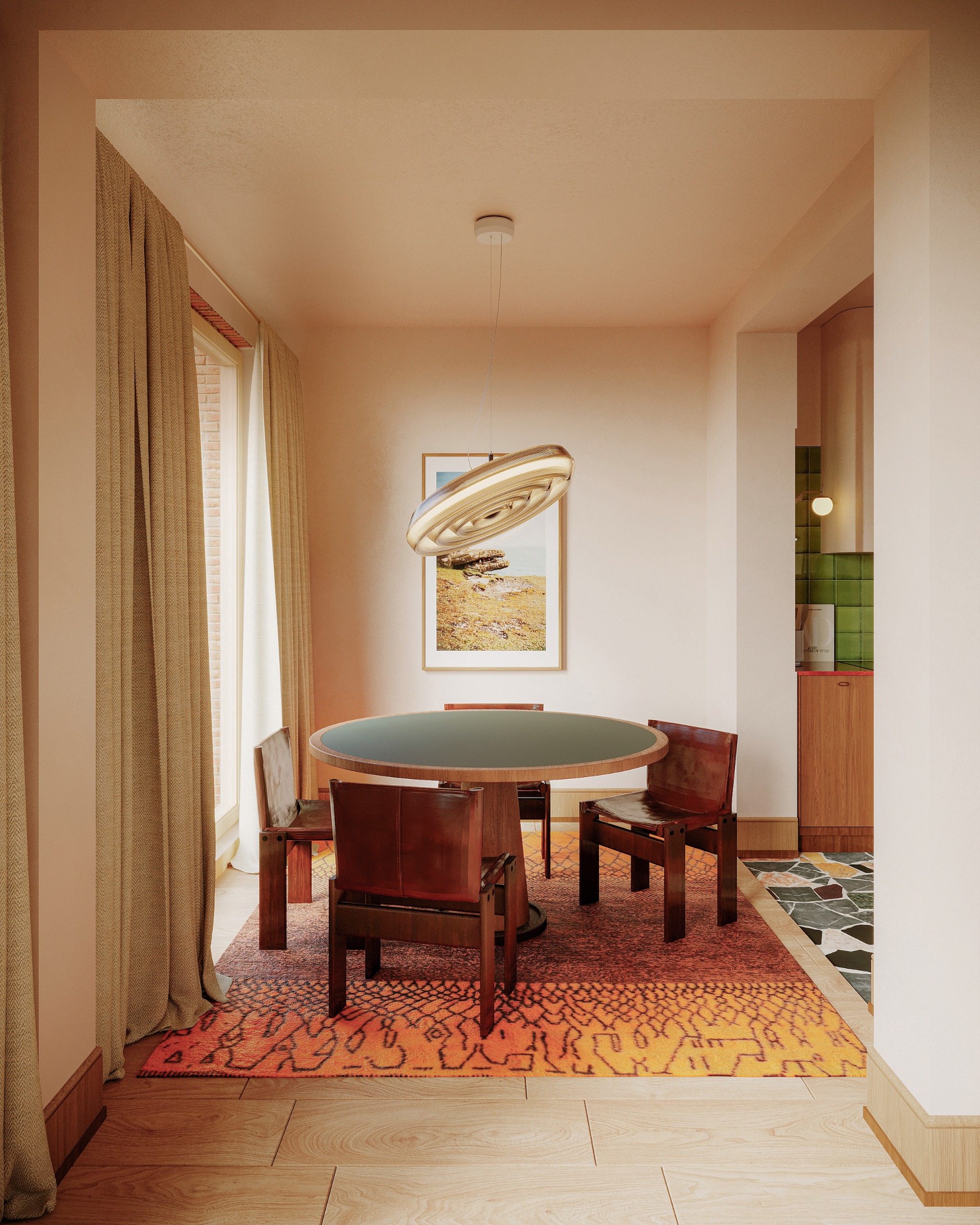 Dining area with round wood and black laminate-topped table, wood and leather chairs, pendant light and orange rug