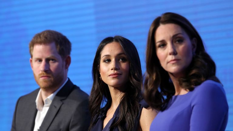 london, england february 28 l r prince harry, meghan markle and catherine, duchess of cambridge attend the first annual royal foundation forum held at aviva on february 28, 2018 in london, england under the theme making a difference together, the event will showcase the programmes run or initiated by the royal foundation photo by chris jackson wpa poolgetty images