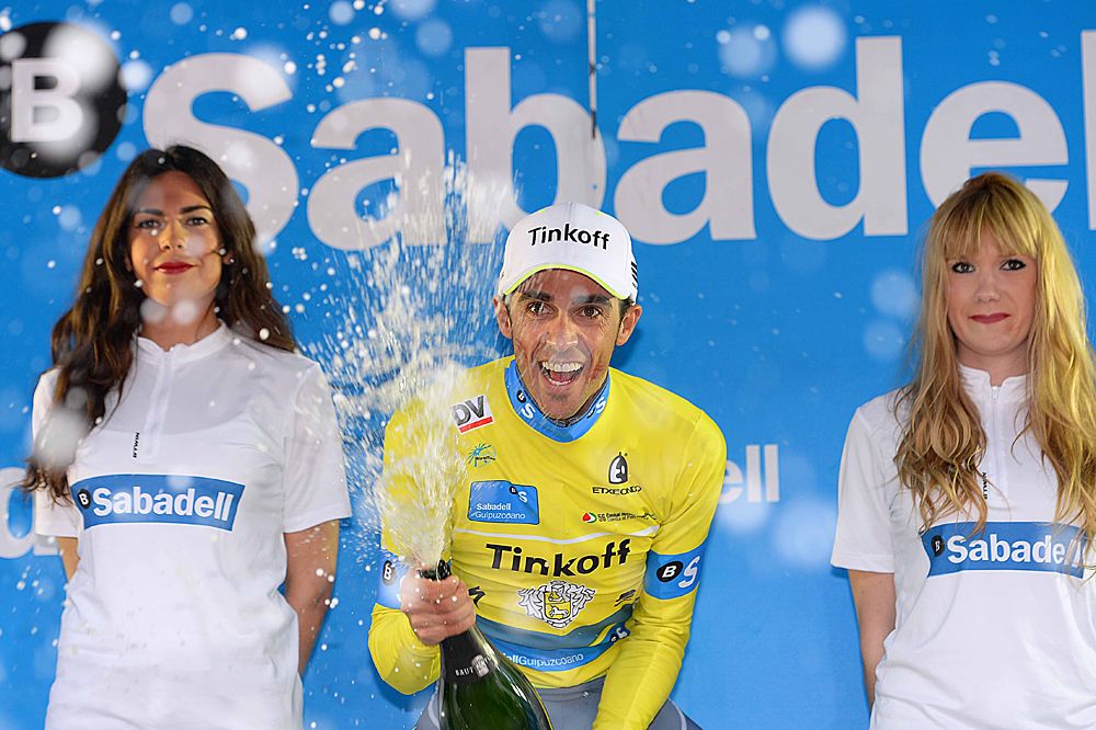 Alberto Contador (Tinkoff) using his road bike for the hilly time trial at Pais Vasco