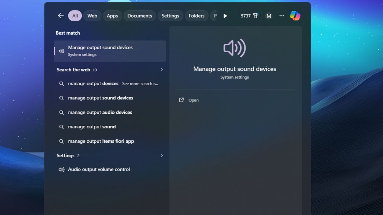 Windows 11 Manage output sound devices search