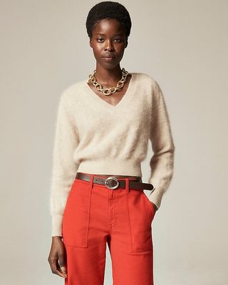 Brushed Cashmere Cropped V-Neck Sweater