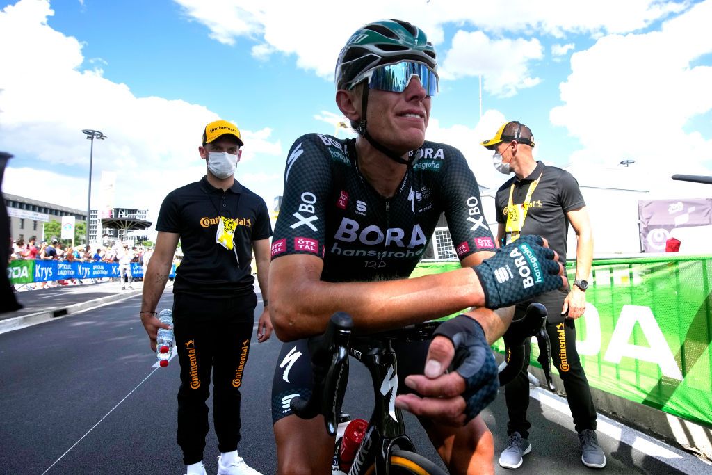NMES FRANCE JULY 08 Nils Politt of Germany and Team BORA Hansgrohe stage winner celebrates at arrival during the 108th Tour de France 2021 Stage 12 a 1594km stage from SaintPaulTroisChateaux to Nimes LeTour TDF2021 on July 08 2021 in Nmes France Photo by Christophe Ena PoolGetty Images