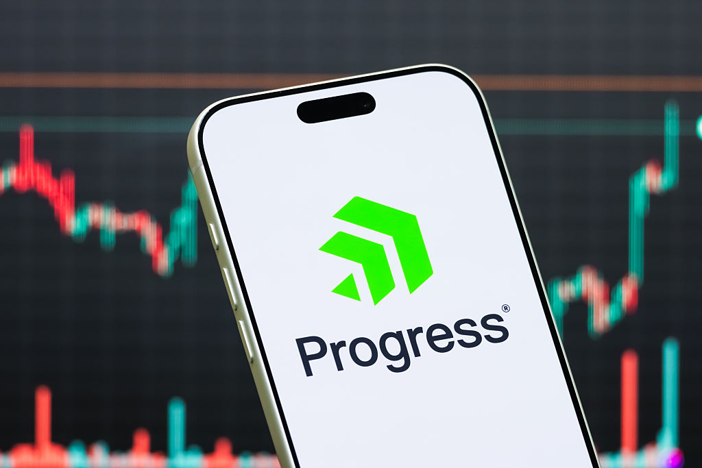 Progress Software (PRGS) logo displayed on a smartphone screen.