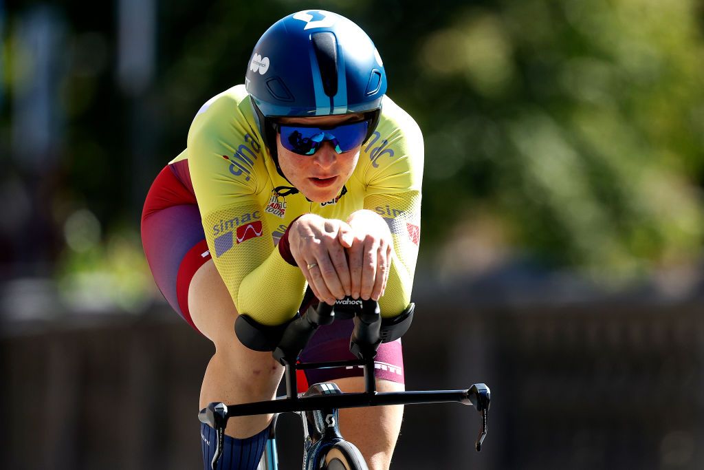 LEUVEN BELGIUM SEPTEMBER 07 Charlotte Kool of The Netherlands and Team DsmFirmenich Yellow leader jersey sprints during the 25th Simac Ladies Tour 2023 Stage 2 a 71km individual time trial from Leuven to Leuven UCIWWT on September 07 2023 in Leuven Belgium Photo by Bas CzerwinskiGetty Images