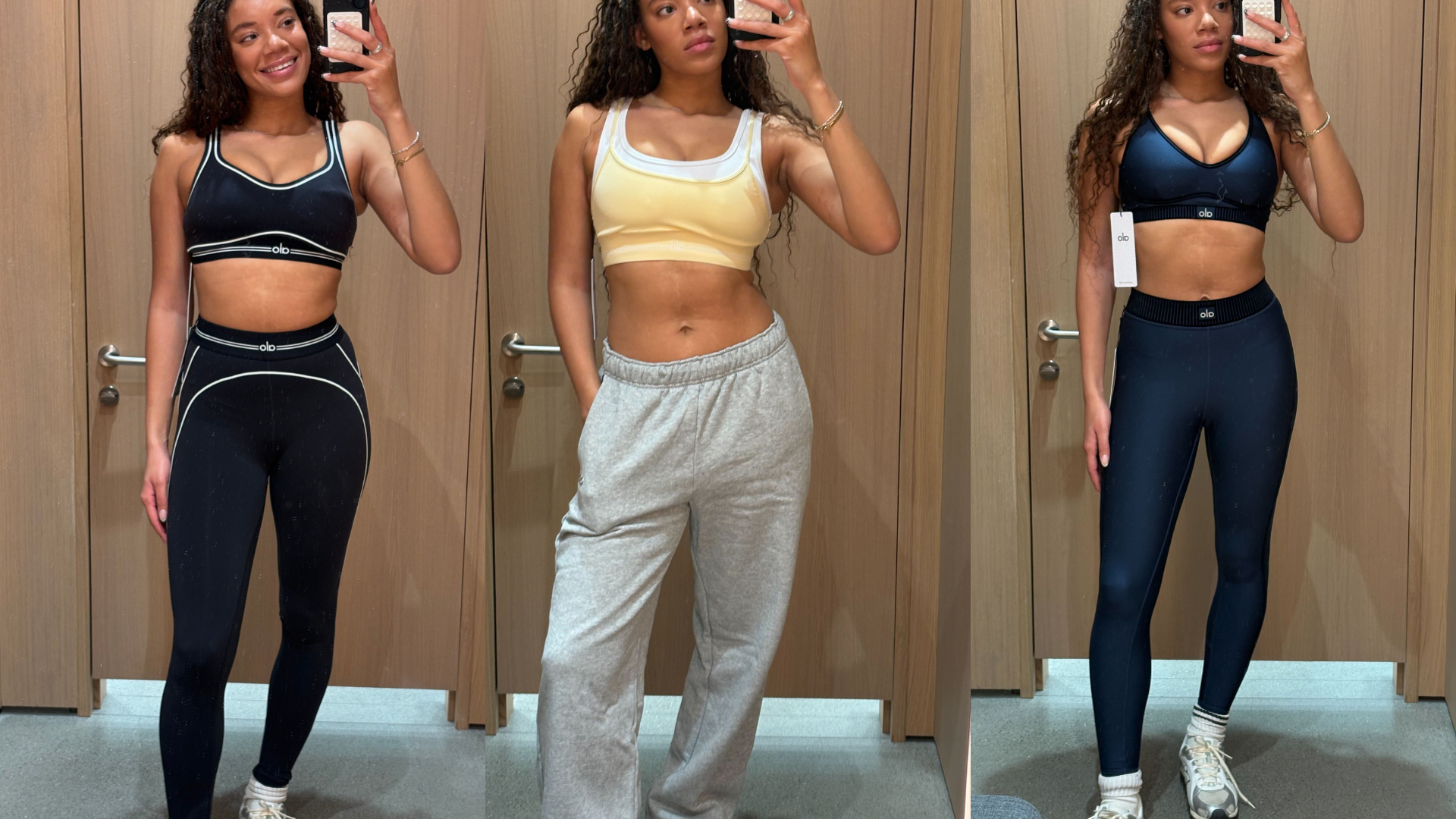 Fashion editor Imani-Nia Francis-Tsolakis wear trys Alo yoga for the Who What wear UK january 2026 fitness try-on.