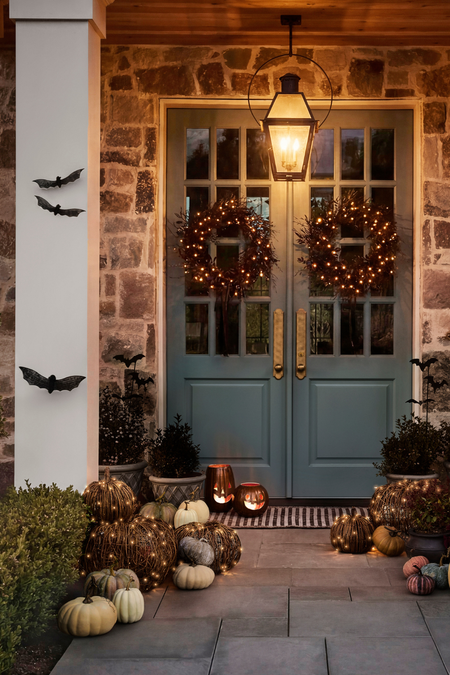 Charming entryway decorated for Halloween with wicker bat wall hangings, scattered pumpkins, and gothic wreaths