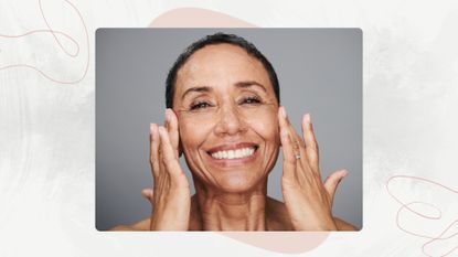 Woman smiling and touching the sides of her face, on a white marble background with pink motifs and swirls